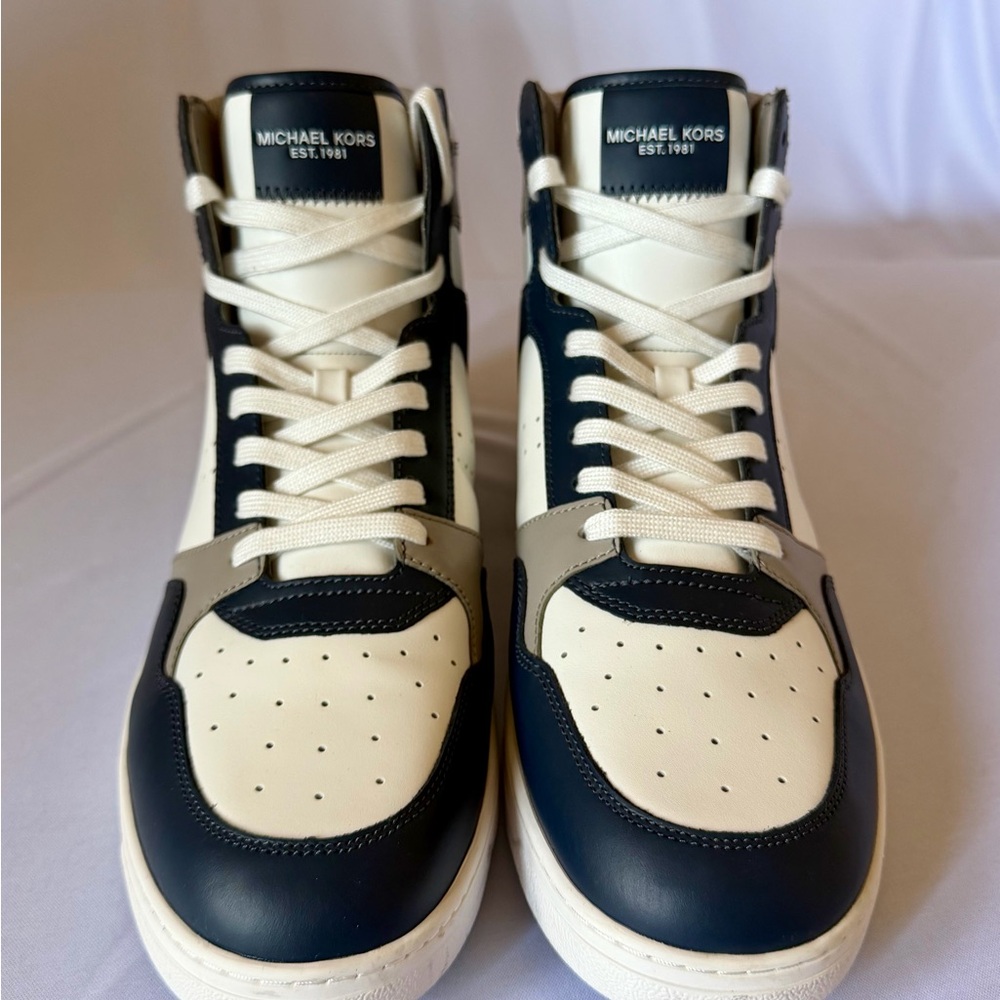 Michael Kors Men’s High-Top Sneakers in Navy, White & Taupe - Picture 2 of 5